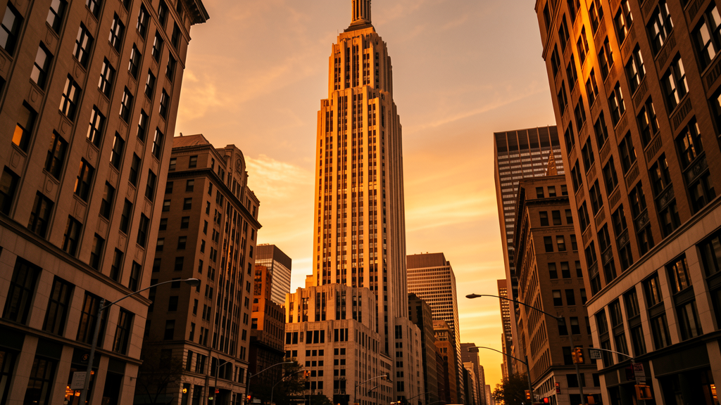 Art Deco skyscraper tower at sunset